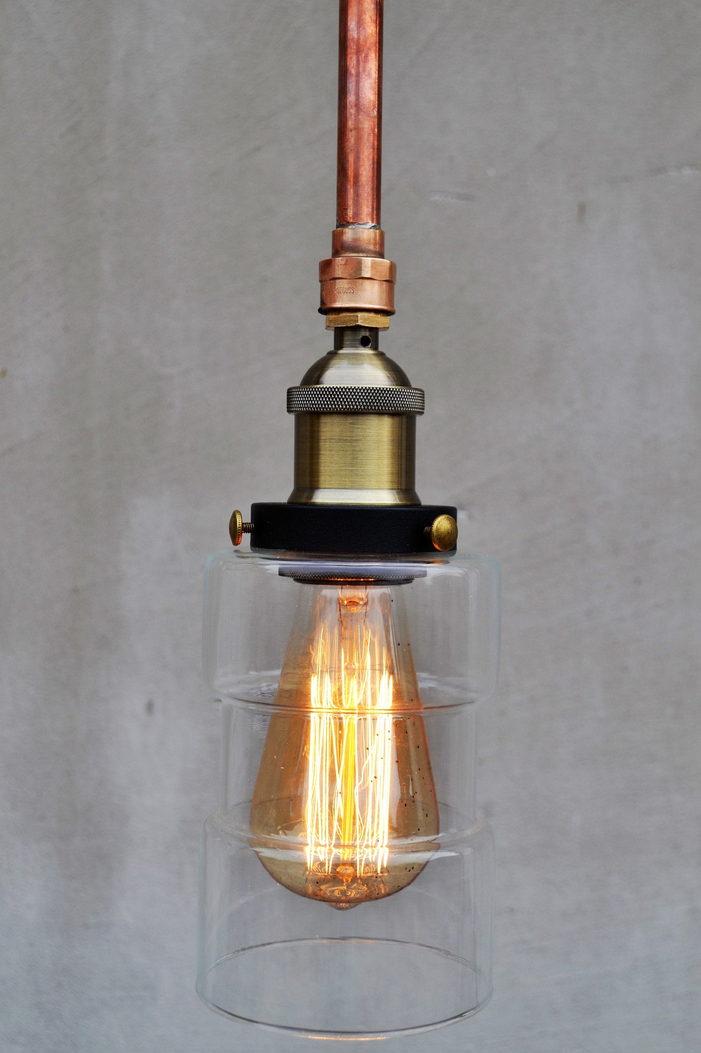 Small clear glass school pendant with copper tube Unique decorative lighting Industrial rustic ceiling light