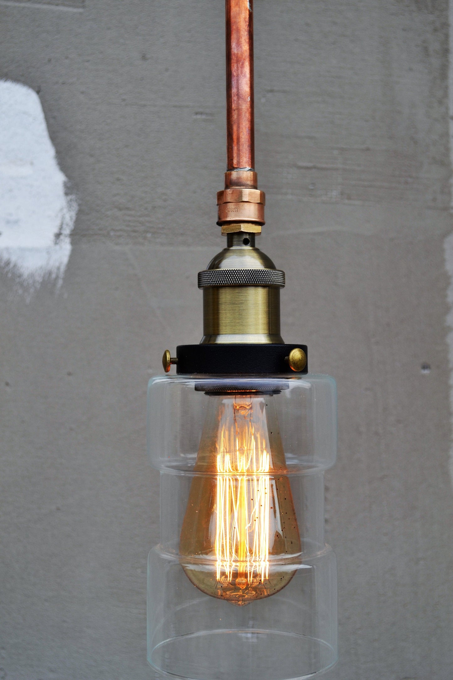 Small clear glass school pendant with copper tube Unique decorative lighting Industrial rustic ceiling light