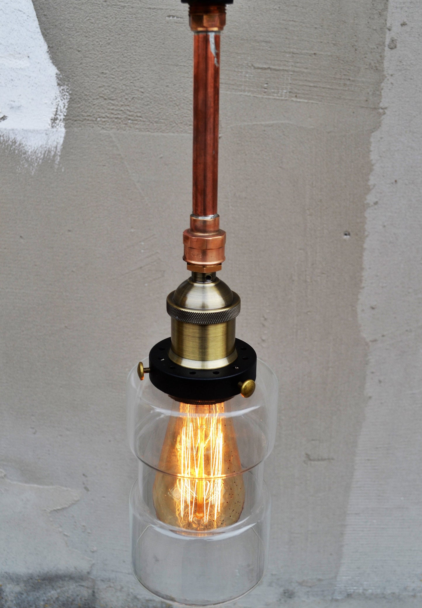 Small clear glass school pendant with copper tube Unique decorative lighting Industrial rustic ceiling light