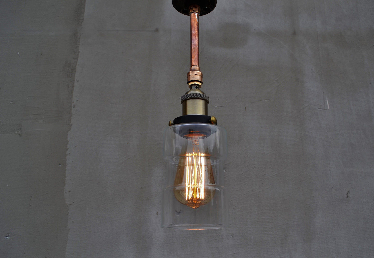 Small clear glass school pendant with copper tube Unique decorative lighting Industrial rustic ceiling light