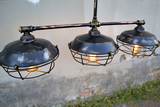 Suspended industrial chandelier for kitchen island or dining table. Steampunk ceiling lighting.