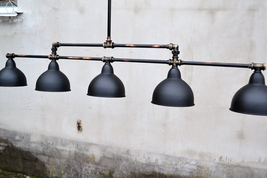 Pendant industrial chandelier for the kitchen. Rustic pendant light. Long black hanging chandelier for pool table or kitchen island.