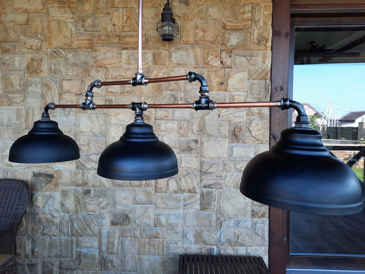 Rustic chandelier. Copper tube industrial lighting with black lampshades Long ceiling lamp for kitchen island or billiards.