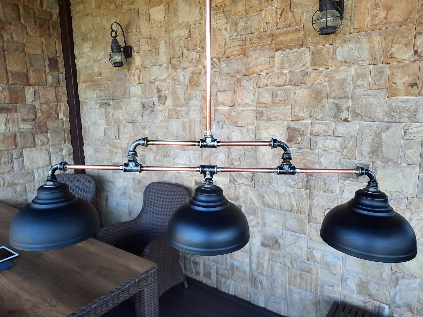 Rustic chandelier. Copper tube industrial lighting with black lampshades Long ceiling lamp for kitchen island or billiards.