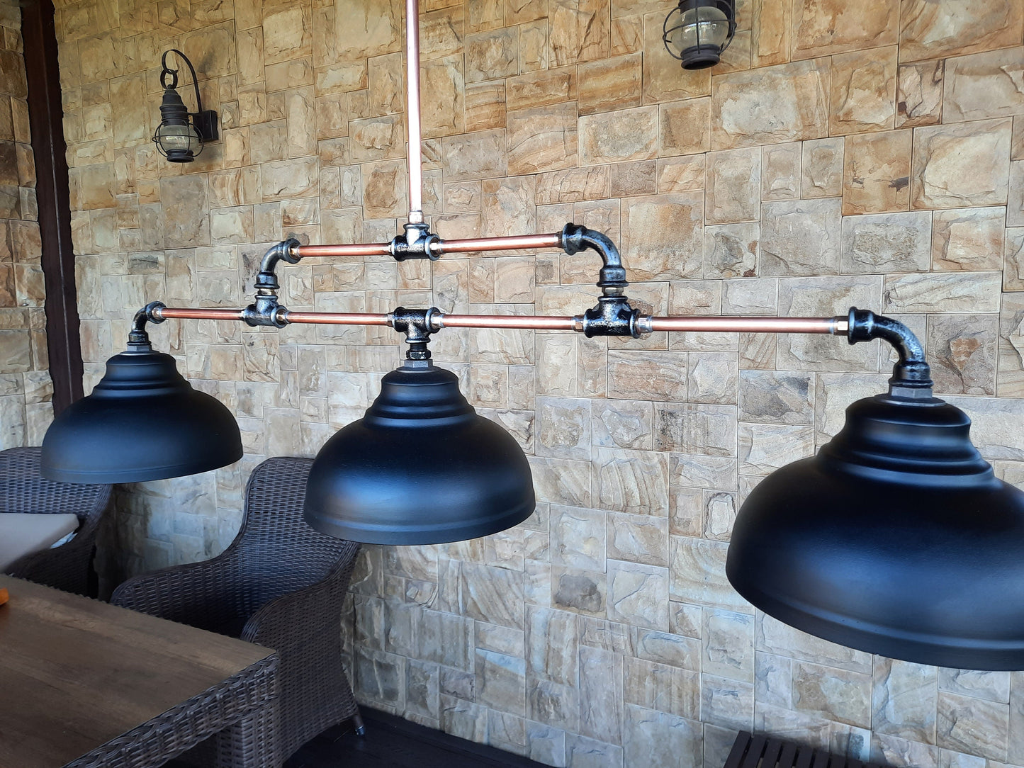 Rustic chandelier. Copper tube industrial lighting with black lampshades Long ceiling lamp for kitchen island or billiards.