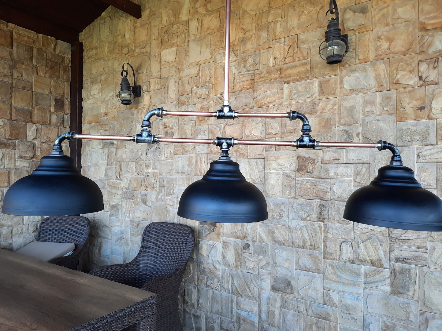 Rustic chandelier. Copper tube industrial lighting with black lampshades Long ceiling lamp for kitchen island or billiards.