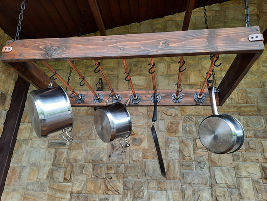 kitchen pot shelf, industrial dish holder, wooden industrial pot, rustic pot, copper storage pot Solid Copper Hanging Pot Rack