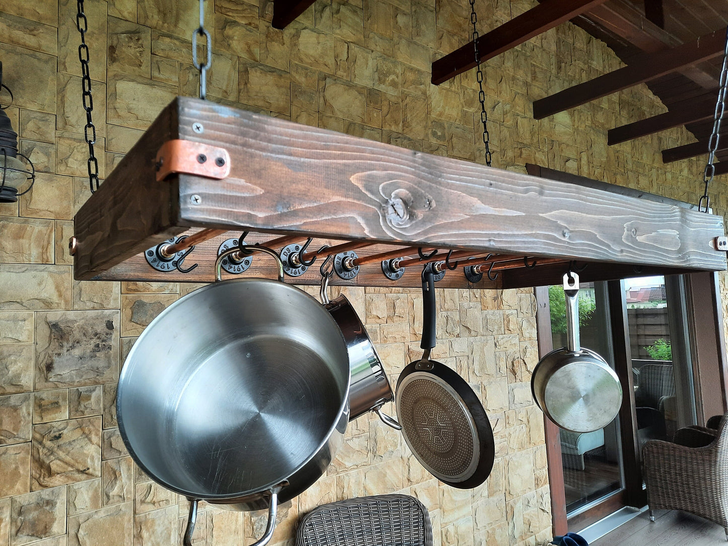 kitchen pot shelf, industrial dish holder, wooden industrial pot, rustic pot, copper storage pot Solid Copper Hanging Pot Rack