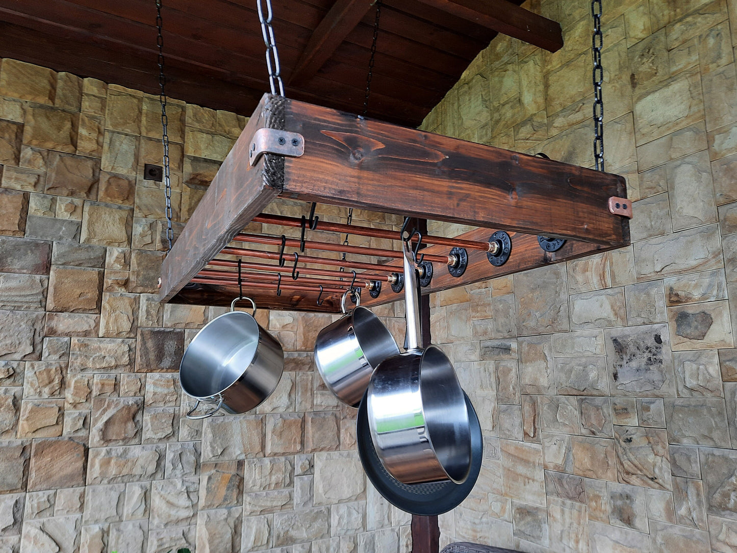 kitchen pot shelf, industrial dish holder, wooden industrial pot, rustic pot, copper storage pot Solid Copper Hanging Pot Rack