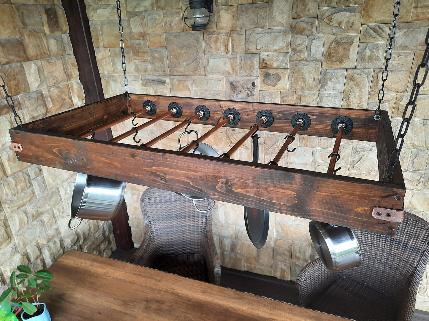 kitchen pot shelf, industrial dish holder, wooden industrial pot, rustic pot, copper storage pot Solid Copper Hanging Pot Rack