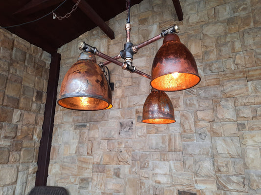 Rusty industrial style ceiling chandelier. Hanging lamp, rustic hanging chandelier for country house.