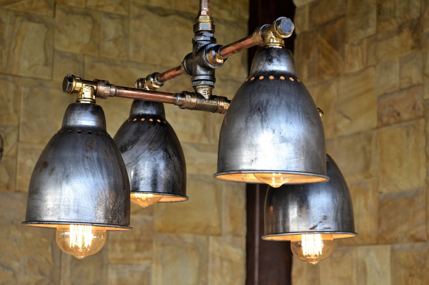 Industrial pendant chandelier in steampunk style. Hanging ceiling lamp for hall and dining room