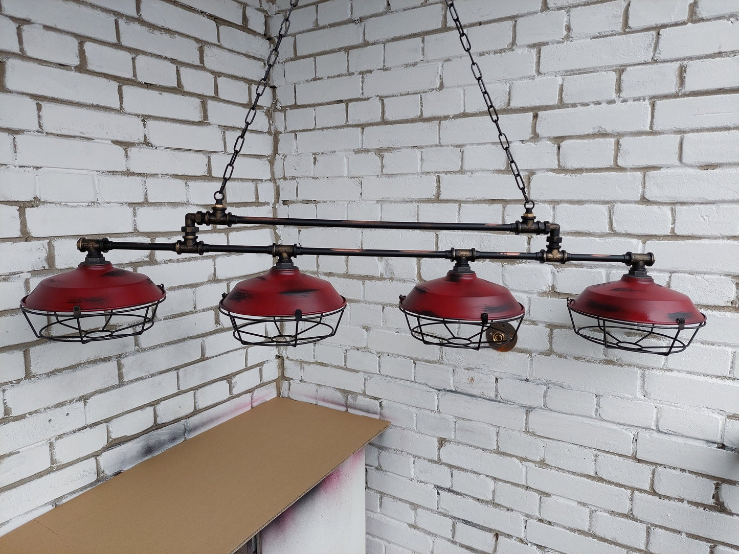 Long industrial rustic hanging kitchen chandelier. Hanging light for billiard table.