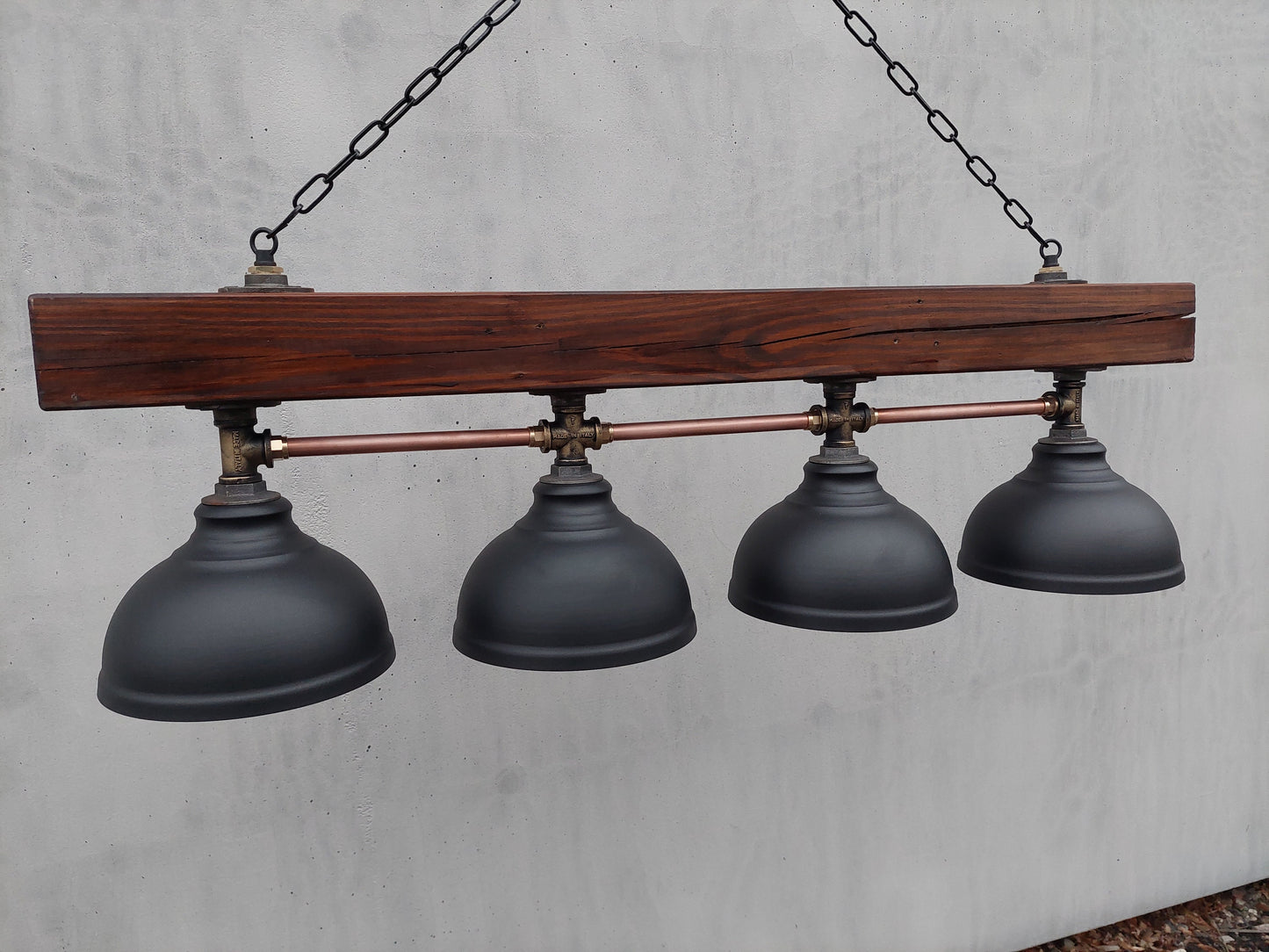 Rustic industrial chandelier, hanging wood ceiling lamp for kitchen island. Ceiling pendant light.