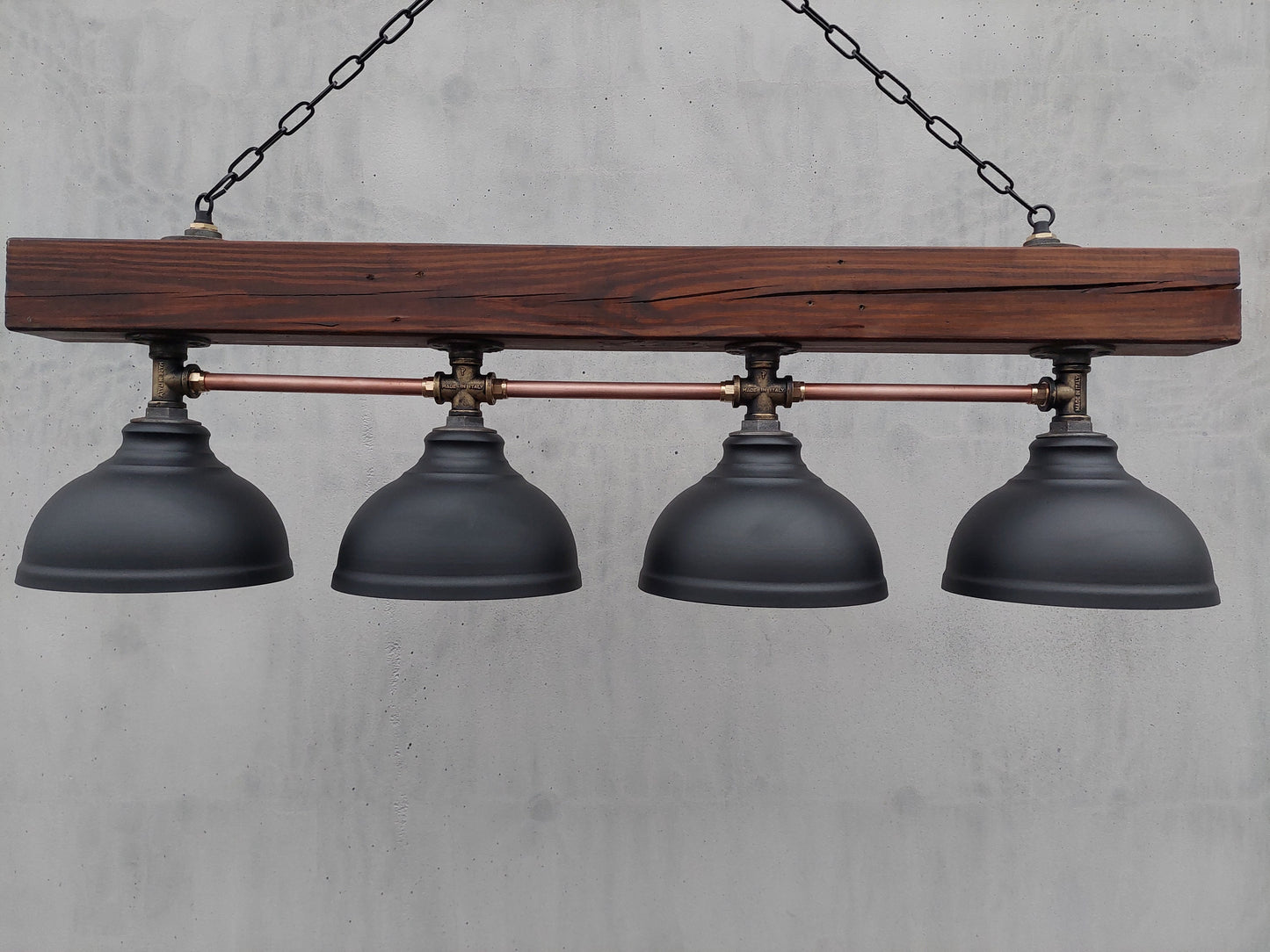 Rustic industrial chandelier, hanging wood ceiling lamp for kitchen island. Ceiling pendant light.