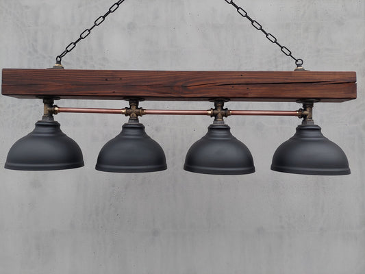 Rustic industrial chandelier, hanging wood ceiling lamp for kitchen island. Ceiling pendant light.