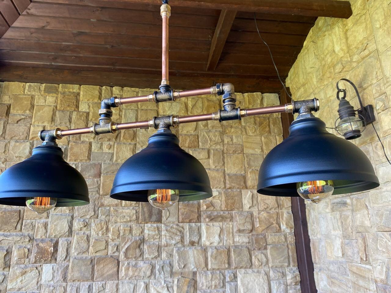 Rustic black pendant industrial light. Kitchen island lighting.