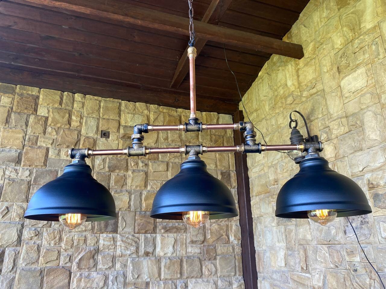 Rustic black pendant industrial light. Kitchen island lighting.