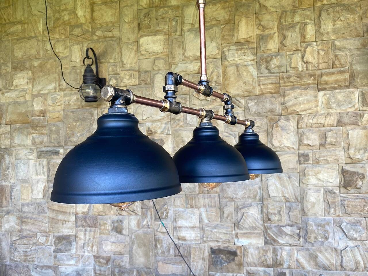 Rustic black pendant industrial light. Kitchen island lighting.