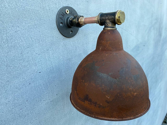 Rustic industrial wall light fixture for bathroom.Rust lampshade bedside sconce.