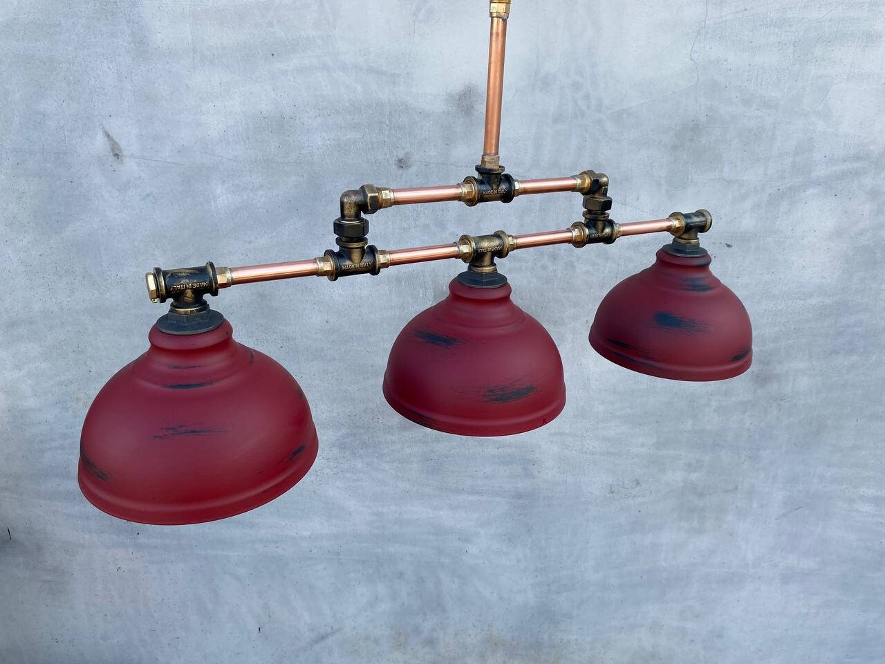 Red pendant chandelier Industrial lighting, rustic chandelier, steampunk style lamp, kitchen island light fixture.