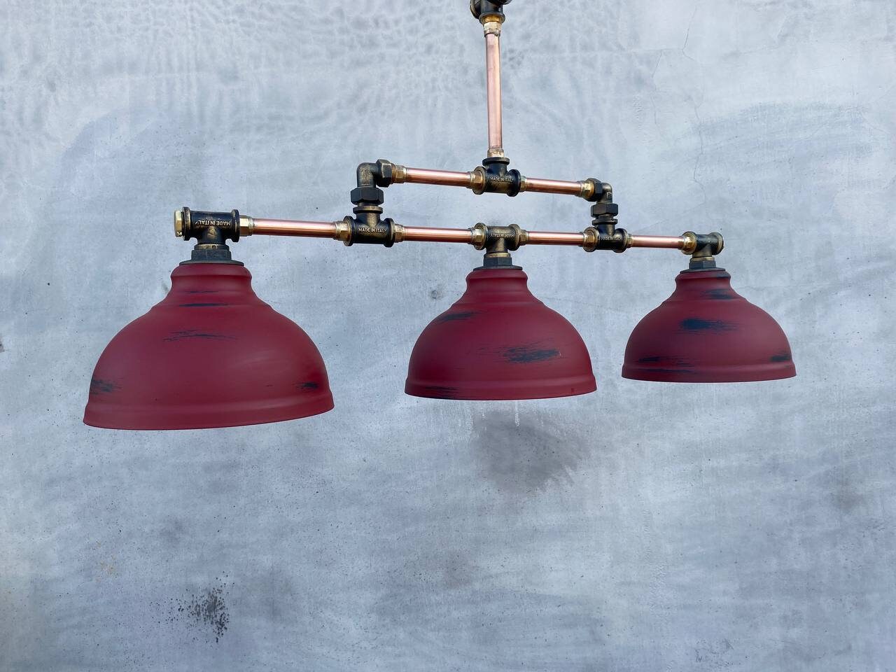 Red pendant chandelier Industrial lighting, rustic chandelier, steampunk style lamp, kitchen island light fixture.