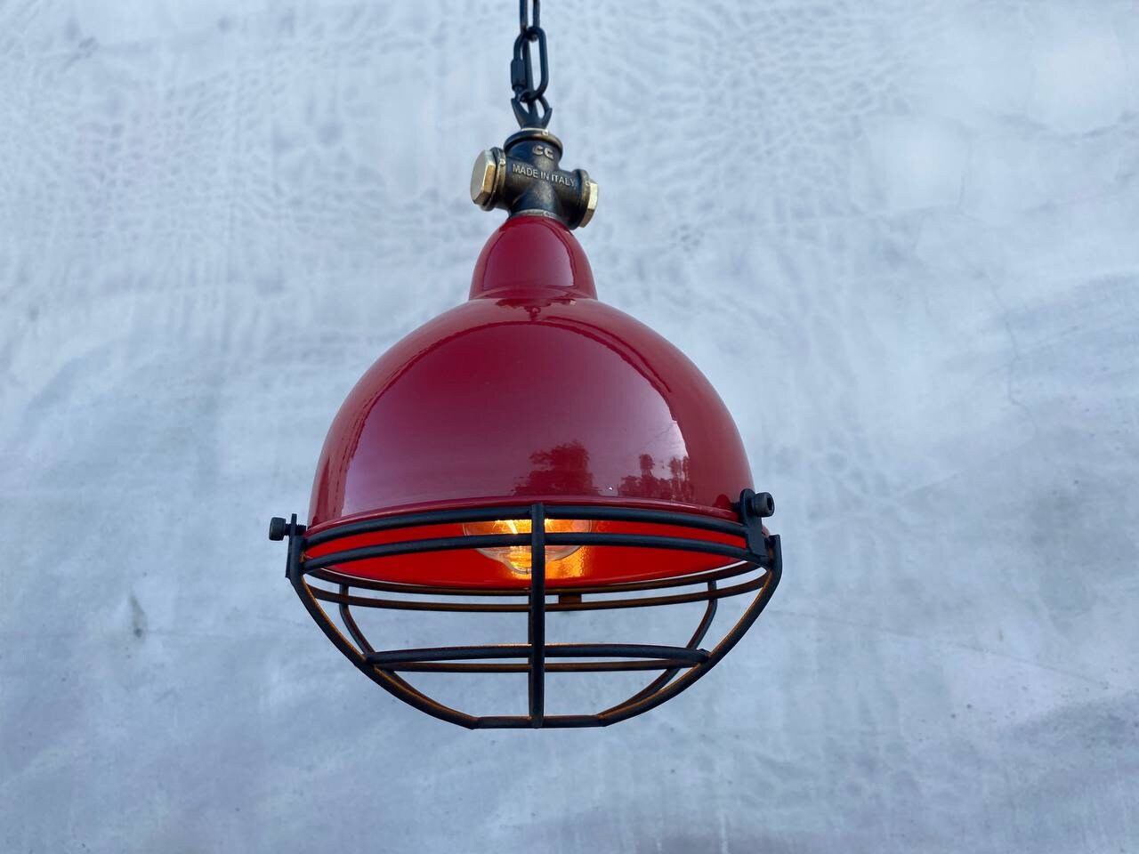 Ceiling pendant light fixture in red color. Light fixture for kitchen island. Industrial lampshade. Rustic chandelier.