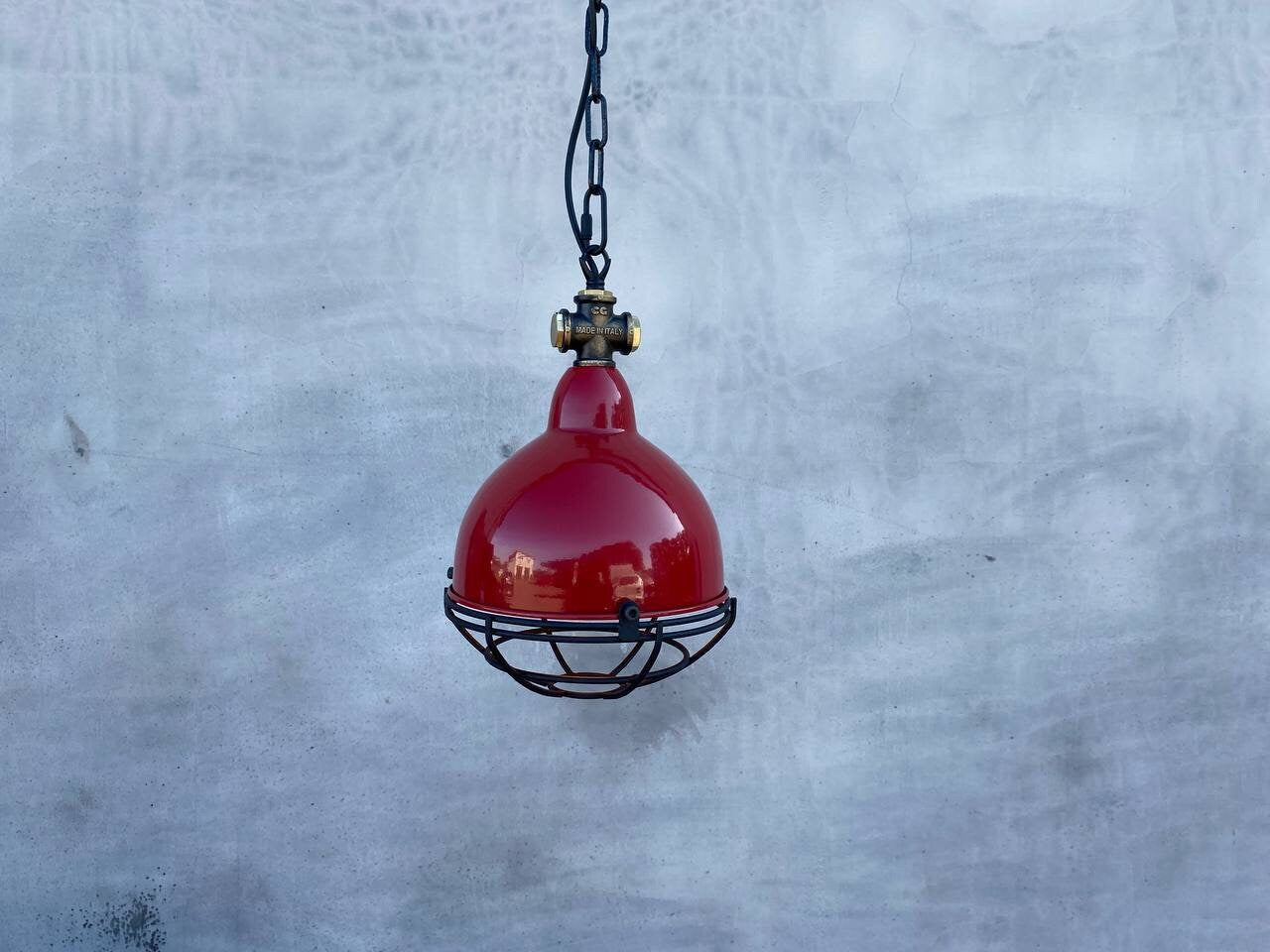 Ceiling pendant light fixture in red color. Light fixture for kitchen island. Industrial lampshade. Rustic chandelier.