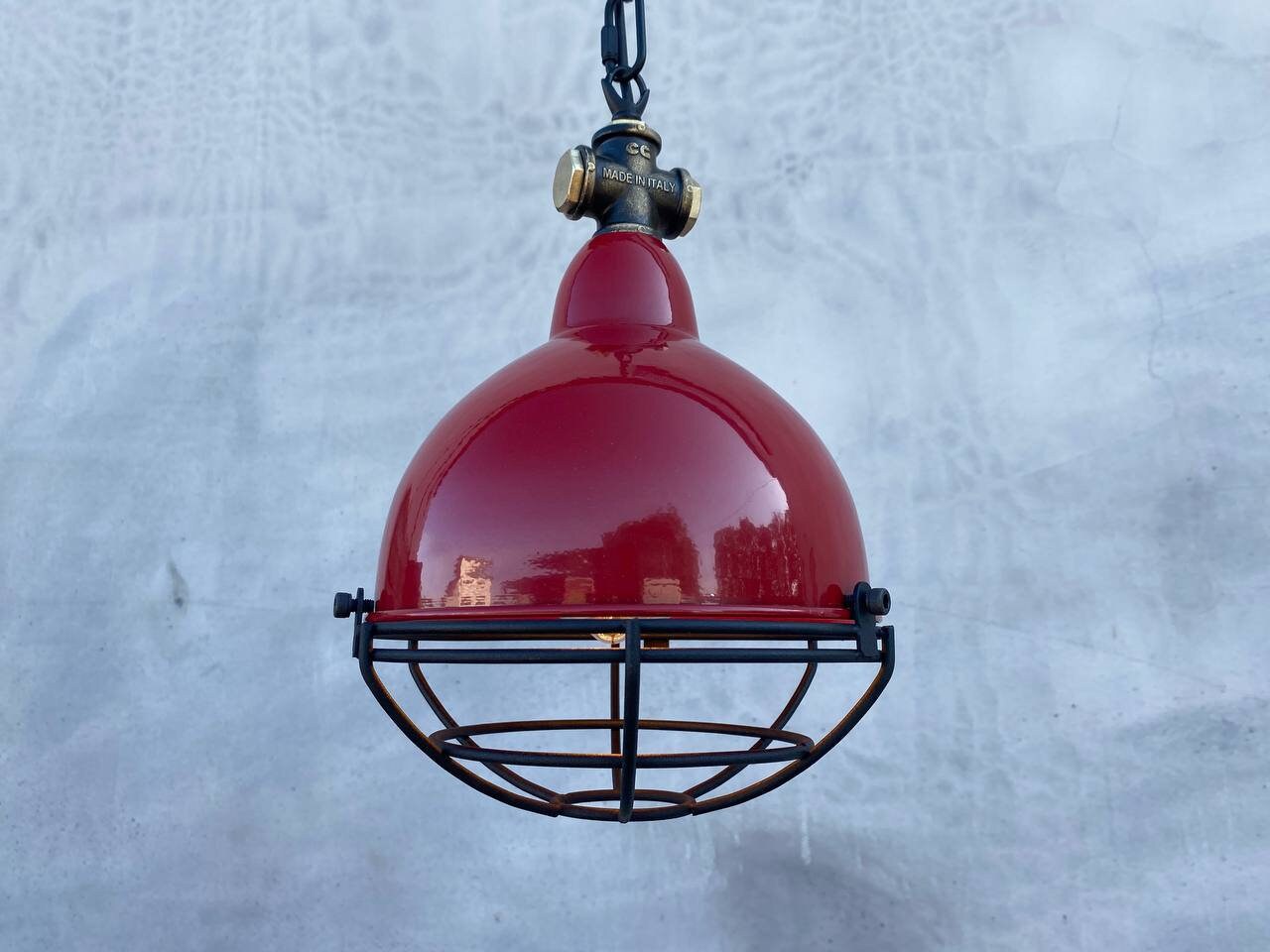 Ceiling pendant light fixture in red color. Light fixture for kitchen island. Industrial lampshade. Rustic chandelier.