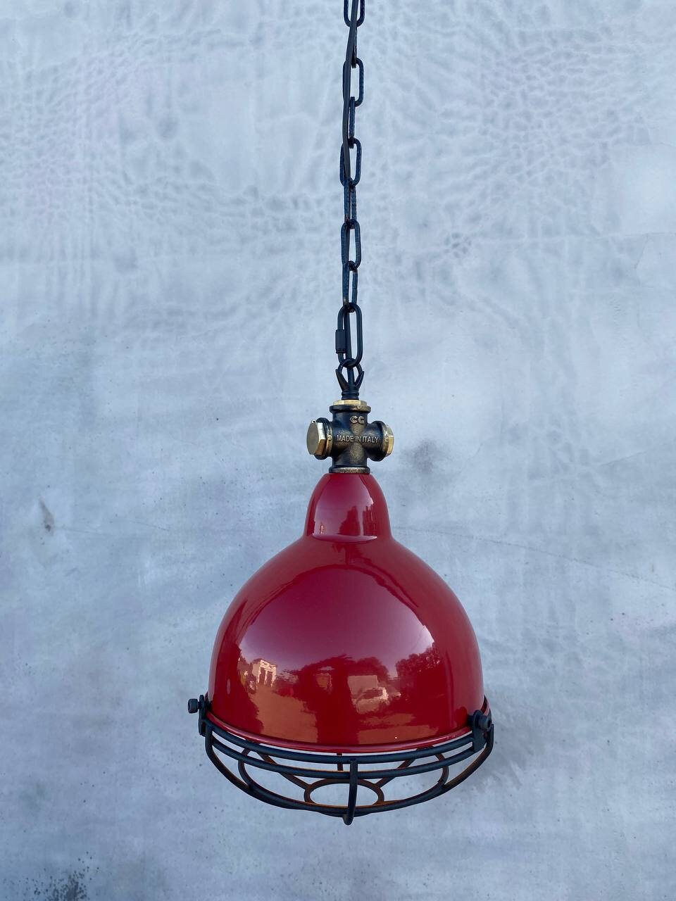 Ceiling pendant light fixture in red color. Light fixture for kitchen island. Industrial lampshade. Rustic chandelier.