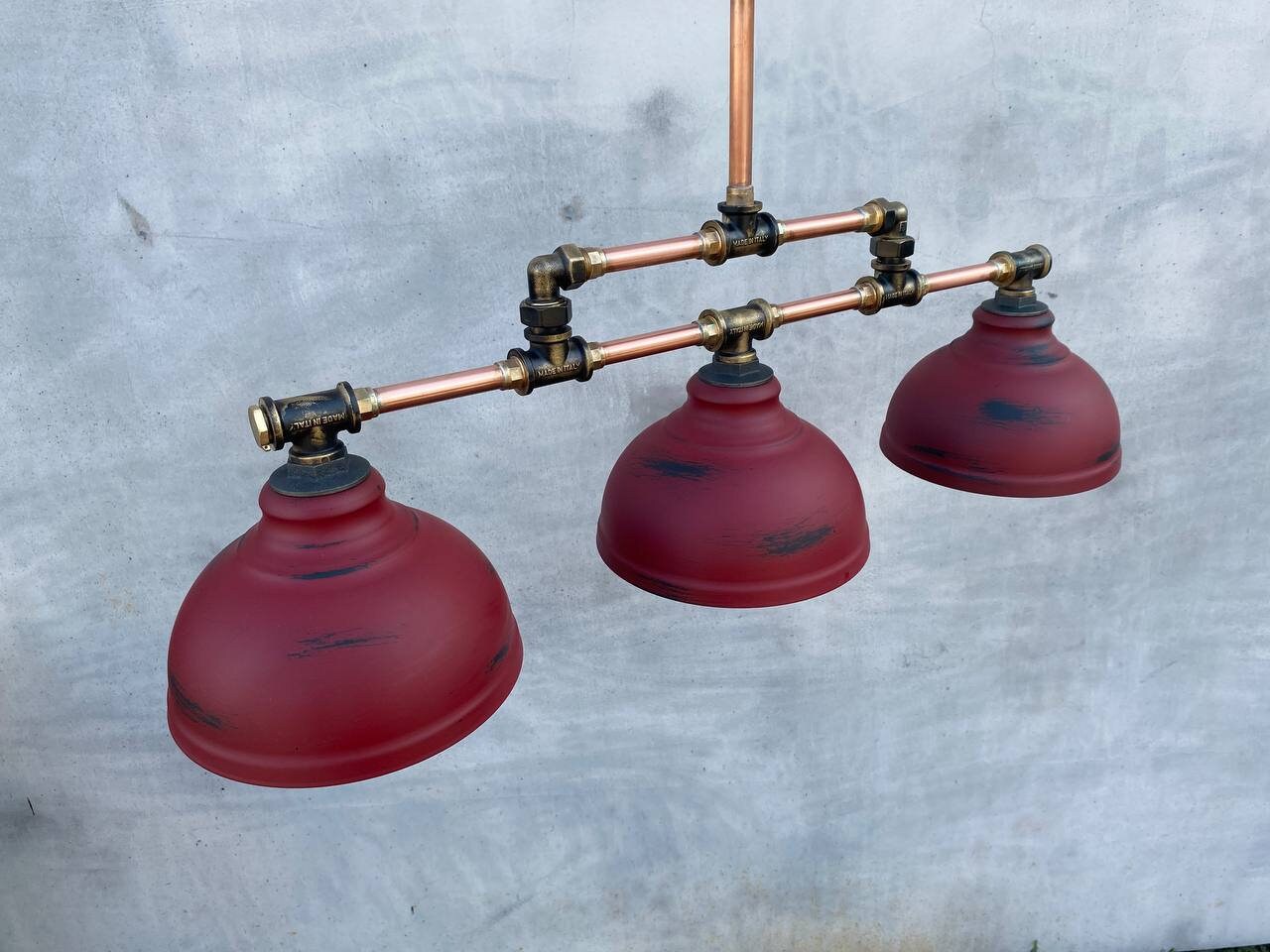 Red pendant chandelier Industrial lighting, rustic chandelier, steampunk style lamp, kitchen island light fixture.