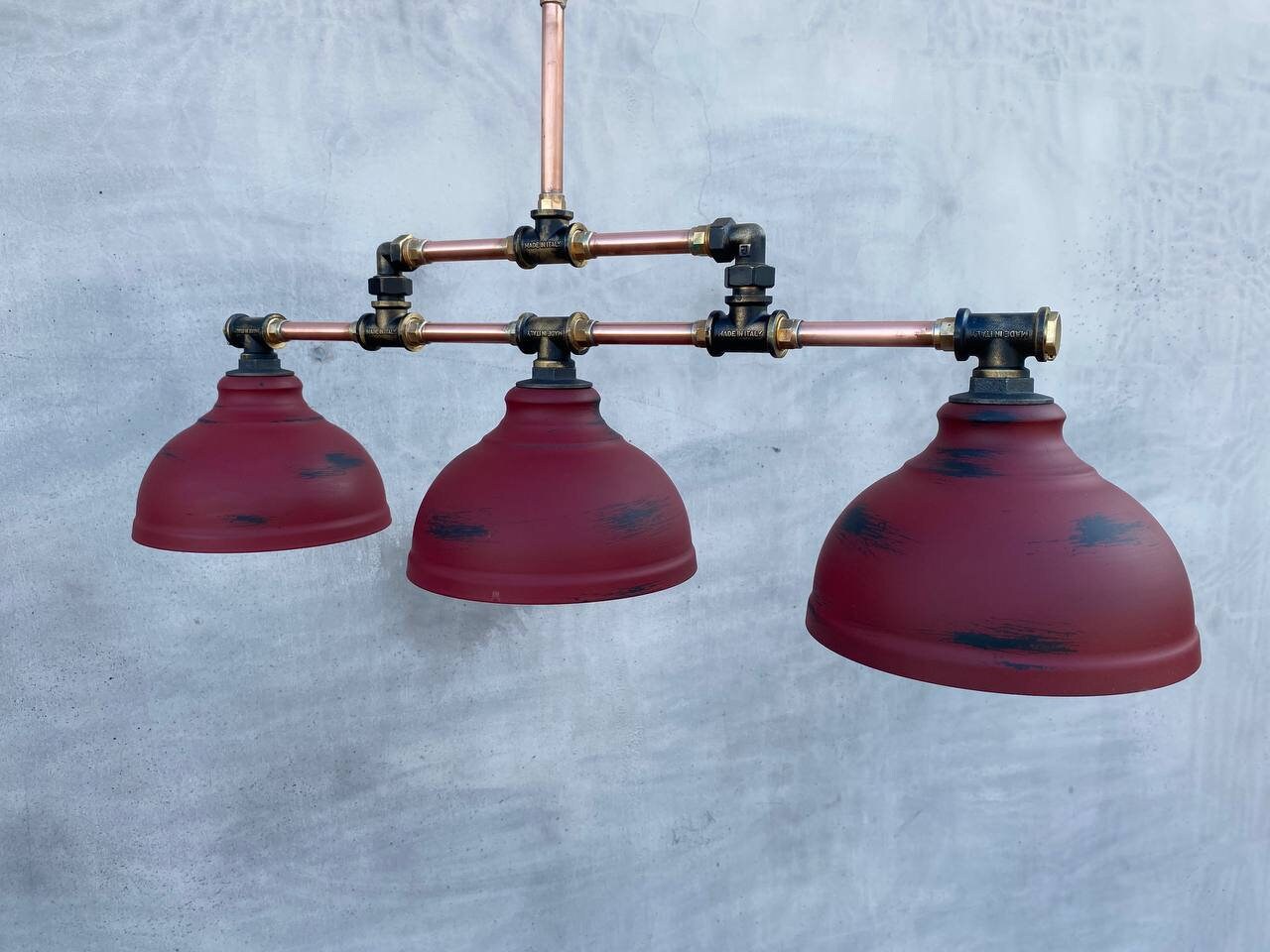 Red pendant chandelier Industrial lighting, rustic chandelier, steampunk style lamp, kitchen island light fixture.