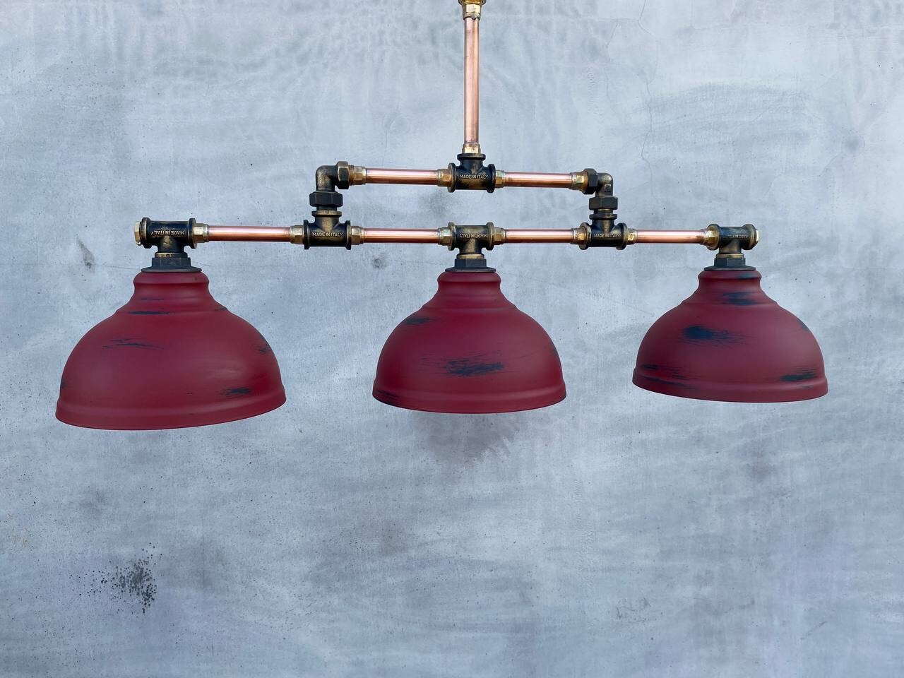 Red pendant chandelier Industrial lighting, rustic chandelier, steampunk style lamp, kitchen island light fixture.